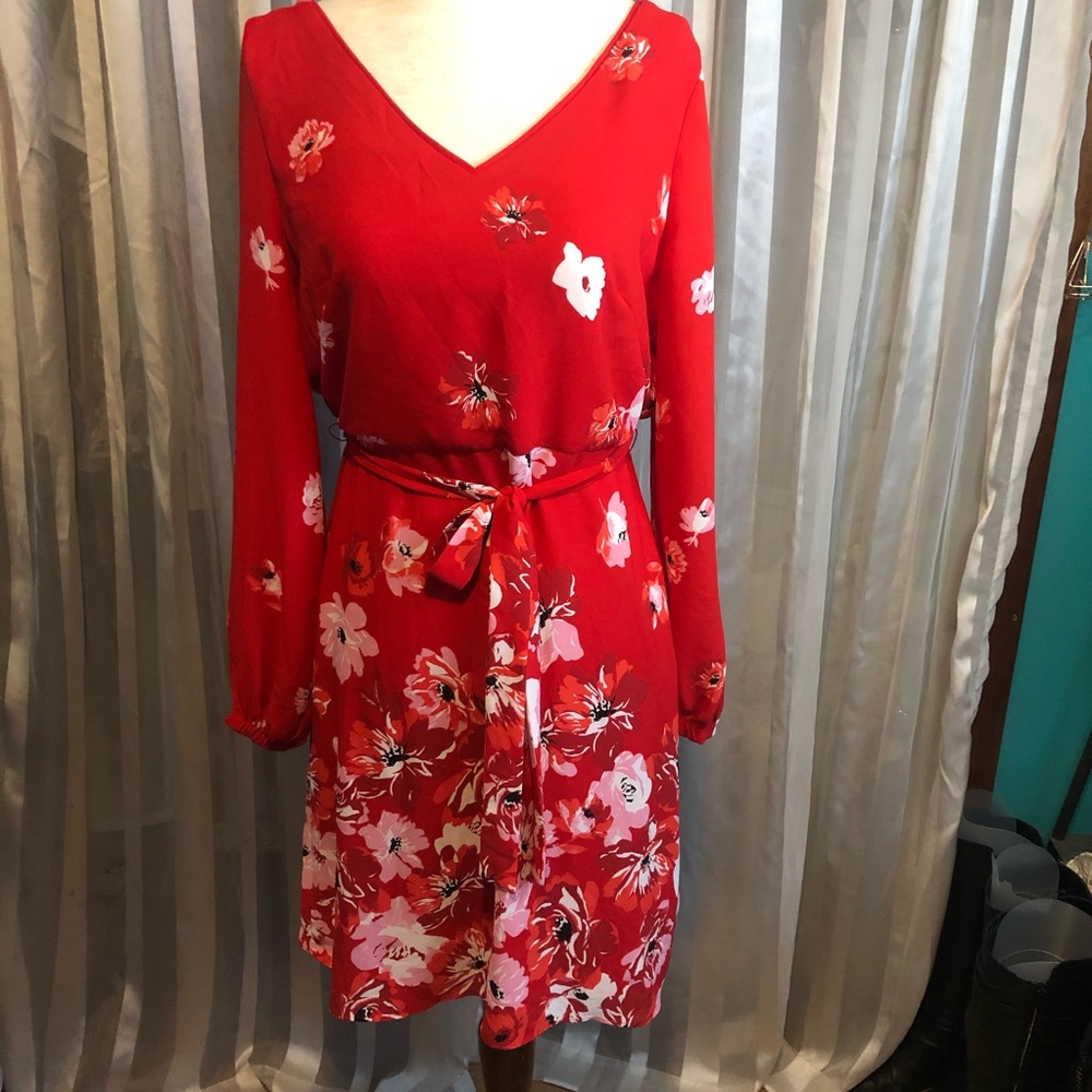 White House Black Market Red Floral Chiffon Dress